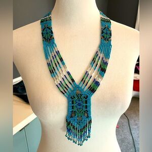 Southwest Turquoise Adjustable Seed Bead Fringe Bib Necklace